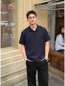 Lightly Matured Style Short Sleeve Polo Shirt Mens Summer Trendy Brand Tibetan Blue Half Sleeve T-Shirt Youthful Feeling Polyester Fiber