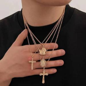 Ingemark | Ingemark 4Pcs/Set Retro Jesus Cross Pendant Necklace for Men Hip Hop Punk Gold Color Adjustable Metal Chain Street Jewelry Gifts