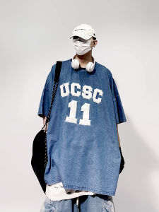 Loose Heavy Duty Oversized Embroidered Five Quarter Sleeve Denim T-Shirt
