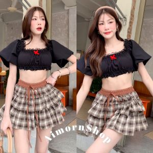 AimornShopp เสื้อกล้ามครอปแต่งโบว์ แต่งลูกไม้สวยแซ่บสุดๆ สม็อคช่วงอก เนื้อผ้าดีใส่สบาย แมทช์ง่าย