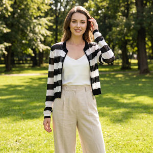Zippered Lace Hollow Out Striped Knit Cardigan