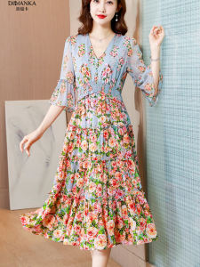Elegant V-neck Silk Dress European Style Double Gauze Printed Heavyweight Mulberry Silk Midi A-line Skirt Commute Artistic