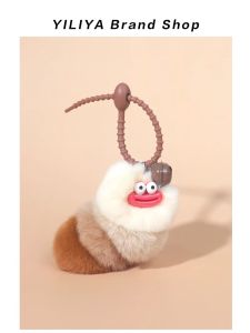 Adorable Plush Caterpillar Car Keychain Hanging Ornament Real Otter Rabbit Fur Book Bag Doll Toy Sausage Mouth Design