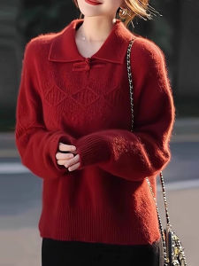 Red Knitted Loose Womens Polo Neck Sweater Inner Wear Autumn Winter New Chinese Style Button High End Feeling Commute Style
