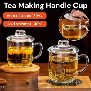 【Original Mineral Crystal】Tea Making Handle Cup Double Wall Thickened Heat-Resistant Transparent Glass Cup with Handle and Lid
