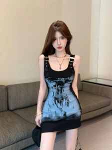 GUZILIAN | Spicy Girl Style Sleeveless Retro Personalized Print Metal Buckle Decoration U-neck Bodycon Short Skirt Women Summer Halter Dress