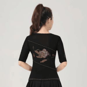 Elegant Latin Dance Top Womens Mid-Sleeve round Neck Rhinestone Geleba Three-Step Square Dancing Clothing Forest Brand