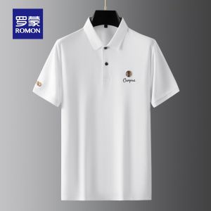 ROMON | Lormen Mens Pure Cotton Short Sleeve T-Shirt Summer Thin Business Casual Embroidered Ice Silk Polo Shirt With Collar Top