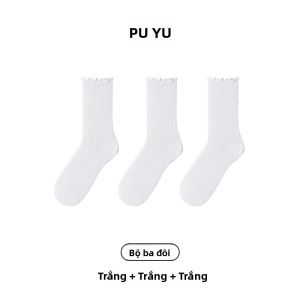 PUYU | Tất cotton mỏng đến giữa bắp chân mùa hè cho nữ Tất cotton thoáng khí màu trơn viền gỗ mới 2025 Tất cotton thấm hút mồ hôi