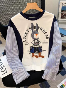 เสื้อสเวตเตอร์คอกลมแขนยาวลายทางสไตล์เกาหลีสำหรับผู้หญิง แฟชั่นฤดูใบไม้ร่วง ทรงหลวม ปกติ อบอุ่น