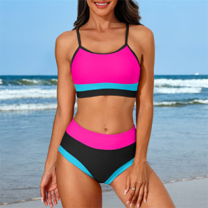 Charmo Women High Waisted Bikini Sets Sporty Color Block Two Piece Swimsuit Scoop Neck Bathing Suits Swimwear