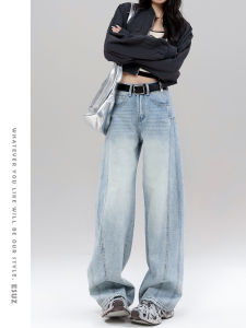 Light Wash Distressed Knife-Edge Wide Leg Jeans High Waist Loose Fit Straight Leg Denim Cargo Pants for Women Spring New Arrival
