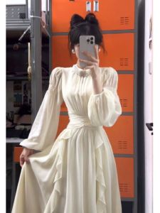 Elegant French Style White Fairy Long Dress Korean Initial Autumn Clothing 2026 New A-Line Skirt Cotton Gauze Material