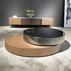 Italian Accessible Luxury Rotate Coffee Table Combination Modern Simple Stainless Steel Living Room Retractable Small Apartment Size round Tea Table