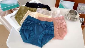 5 IN 1 Celana Dalam Wanita Elastis Lembut Antibacterial Soft Ice Silk Lace Seamless Woman Mid Waist Underwear