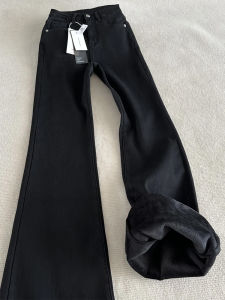 Black Fleece Lined Thickened Micro Flared Jeans Womens Autumn Winter plus Size Slimming High Waist Covering Hips Elastic Bell Bottoms