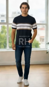 Sweater Rajut Pria Lengan Pendek Motif Garis Stripe Casual Knit Top Breton