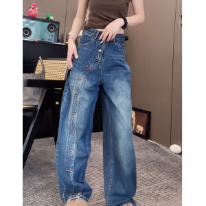 High Waist Straight Leg Wide Leg Jeans Asymmetric Design Slimming Knife Edge Pants Casual Style High Waist Womens Jeans