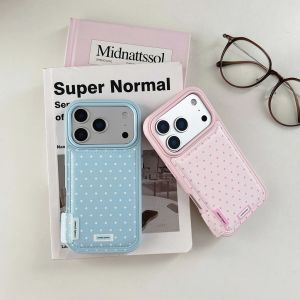 เคสโทรศัพท์กันกระแทกหนังลายจุดสีพื้นสีฟ้าชมพูเรียบง่ายสำหรับ iPhone 17 16 15 14 Pro Max