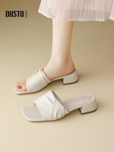 DUSTO | Women Slip On Sandals Square Toe Thick Heel