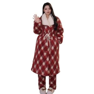 Womens Winter Thickened Coral Fleece Sleep Robe Cotton Sandwich Home Leisure Wear Comfortable Home Clothes Set Long Sleeve