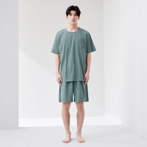 HLA | Breathable Pro7 Home Clothes Set For Men Pure Cotton Summer Anti-Bacterial Short Sleeve Shorts Home Leisure Sleepwear Set