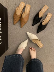 Goatskin Version Stylish Niche Style Toe Cap Semi Slipper Slip-on Casual Mules French Retro Shoes Womens Loafers