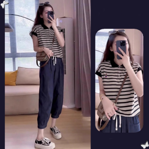 Shalldoer | Summer 2025 Fashionable Stripe Short Sleeve Womens Set Casual Pants Two-Piece Pure Color Outfit Anti-Aging Trendy Top Bottom