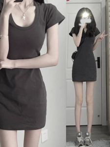 Slim Fit Midi Length Short Sleeve round Neck Pleated T-Shirt Women Summer Small Size Pure Color Arm Covering Dress Casual Commute Style