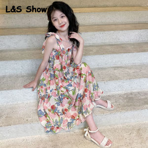 ชุดเดรสสายเดี่ยวของเด็กผู้หญิง LS Show ฤดูร้อนชุดเดรสหน้าร้อนวันหยุดของเด็กผู้หญิงชุดเดรสชายหาดลายดอกไม้
