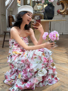 DANTING | Romantic Floral Strapless Layered Summer Vacation Dress