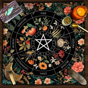 VIKAMA Mèo Đen Ngôi Sao Năm Cánh Bánh Xe Của Năm Tarot Bàn Thờ Vải Chống Thấm Nước Chiêm Tinh Học Wiccan Bói Toán Trải Thảm Cho Trang Trí Nhà Cửa