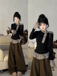 Chic Plaid Patchwork Long Sleeve T-Shirt Womens Spring Autumn New Style Base Layer Shirt Unique Exquisite Top for Ladies