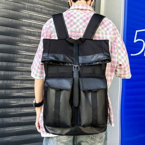 Korean Style Large Capacity Outdoor Mens Backpack Casual Roll Mouth Bag Simple Workwear Student Bookbag Dual Shoulder Strap