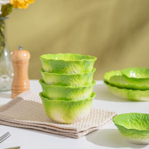 Rice Bowl Plate Set Ceramic Underglaze Color Dinnerware Single Cabbage Bowl Home Use Deep Dish Floral Edge Design 8 Inches