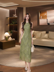 DENGLIULIU | New Chinese Style Vintage Embroidery Floral Green Waist-Shaping Maxi Dress