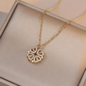 Retro Magnetic Folding Heart Shaped Four Leaf Clover Pendant Necklace Women Love Clavicle Chain Openable Choker Jewelry Gifts