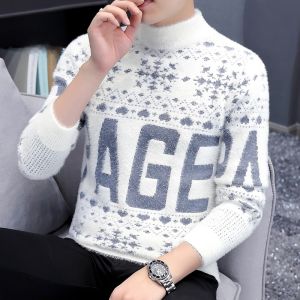ROMON | Lormen Mens Winter Sweater Half High Collar Inner Wear Letter Print Casual Knitted Shirt Fashionable Urban Style Long Sleeve