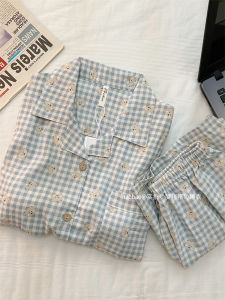 สีน้ําเงิน ลายสก็อต ทอ ผ้าฝ้าย ชุดนอน ผู้หญิง ฤดูร้อน เสื้อผ้าใส่ในบ้านพร้อมแผ่นรองหน้าอก น่ารัก ปกแขนสั้นหมี