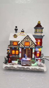 D&D Home l FC709 Merry Christmas Miniature House with Lighthouse Snowman Scene Decoration