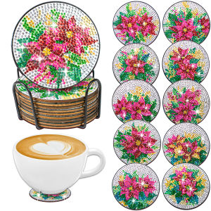 10pcs/Set DIY Flowers Diamond Painting Coasters with Holder Anti Slip Tablemat for Table Flowers Diamond Art Coasters for Adults