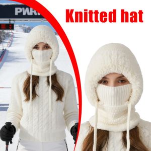Adjustable Strap Knitted Hat Soft Winter Hat Winter Windproof Knitted Hat Scarf Set with Face Guard for Women Soft Plush Hooded