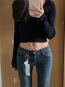 American High Street Retro Blue Low Waist Slightly Pull Denim Female Silm Slimming and Tight Tall Long Mop Pants