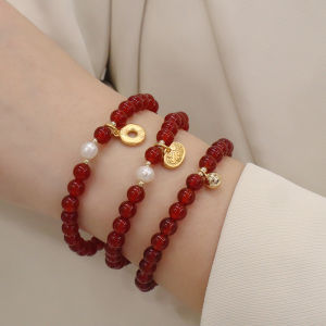 สร้อยข้อมือหินอ่อนสีแดงธรรมชาติสำหรับผู้หญิง สร้อยข้อมือลูกปัดมุก เครื่องประดับนำโชค ลูกปัดมุกหัวใจสีแดง