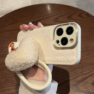 Cartoon Cat Handheld Rope Metal Ring Phone Case for 15 16 pro Womens Style Mobile Phone Protective Cover Fashionable