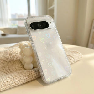 Glitter Transparent Gradient Laser Love Heart Pattern Clear Case for Google Pixel 11/10/9 A Pro XL PC+TPU Shockproof Cover Funda