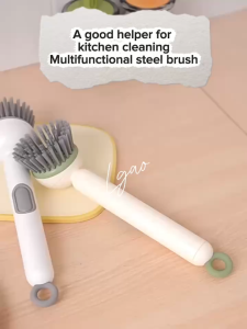 Long Handle Kitchen Cleaning Brush with Liquid Dispenser Multi Functional Rotary Pot Brush Non Stick Oil Remover Dish Scrubber Abs Silicone Bristles Heavy Duty Dishwasher Sa