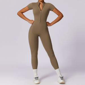 Spring Summer Zipper Short Sleeve Womens Yoga Onesie Tight Fitness Long Pants Sports One-Piece Elastic Bodysuit Gym Wear