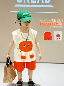 Boys Sleeveless Vest Set Autumn Cartoon Pumpkin Thin Clothes Baby Stylish Two-Piece Set Casual Cotton Blend Summer Outfit