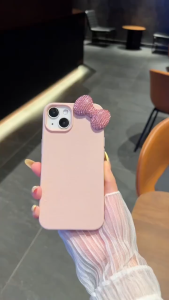 Diamond bow pink soft case for iPhone 11 12 13 14 15 16 17 Pro Max Plus Simple anti fall protective cover for iPhone13 case casing